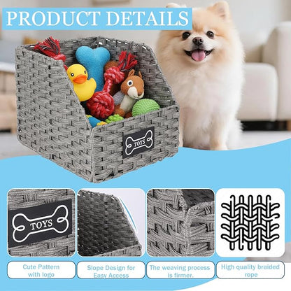 Dog Toy Basket Large Foldable Portable Rattan Dog Toy Storage Organizer for Living Room Bedroom Entryway Floor Corner Pet Toys Basket with Label, Dogs Toys Bin for Cats, Dogs and Pets-Grey