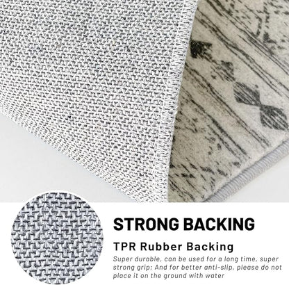KUTA Washable Circle Rug 3Ft Grey Moroccan Washable Round Area Rugs Boho Foyer Kitchen Carpet, Non-Slip Soft Distressed Geometric Entryway Mat Low-Pile Throw for Hallway Bedroom Nursery Dorm
