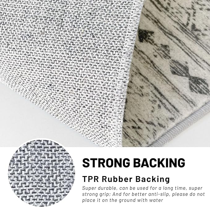 KUTA Moroccan Washable Runner Rug 2.6x8, Non-Slip Vintage Grey Boho Hallway Runners Kitchen Rugs Ultra Soft Print Distressed Geometric Floor Carpet for Bedroom Laundry Living Room
