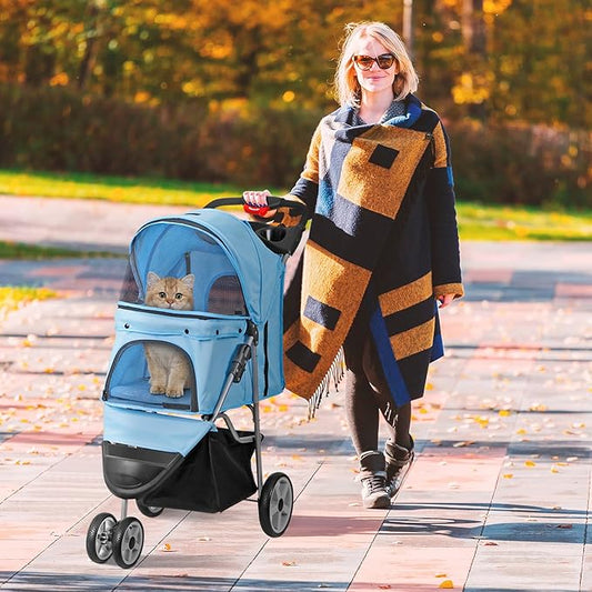 LEMY Pet Stroller,3 Wheels Dog Cat Stroller for Small Medium Dog Cats Carrier Jogger Travel Foldable Puppy with Storage Basket and Cup Holder(Blue)