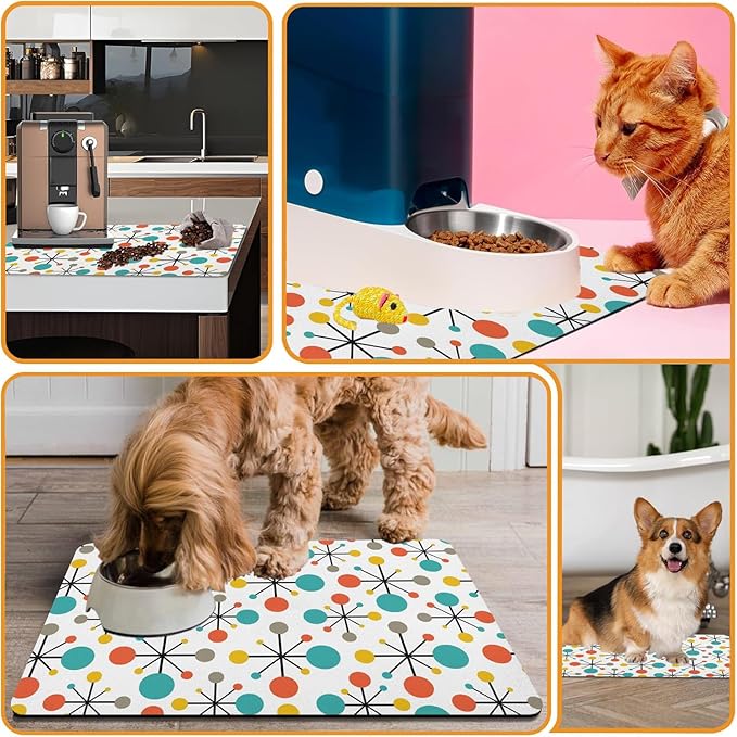 Dog Food Mats for Floors Absorbent, Cat Food Mat - Pet Cat Feeding Mat Quick Dry, Dog Bowl Mats for Water, Pet Supplies Feeding Placemat 16" x 24" Mid-Century Atomic