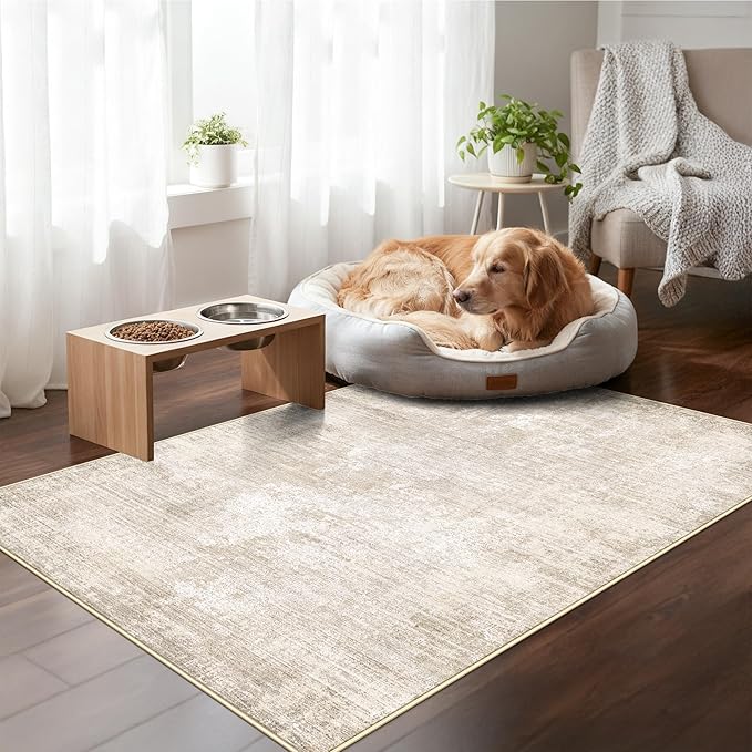 Washable 3x4 Hallway Runner Rug: Abstract Soft Entryway Doormat Water-Resistan Bathroom Kitchen Carpet with Non-Slip Backing Modern Living Room Bedroom Dining Room Decorative Carpet（3x4,Warm/Beige）