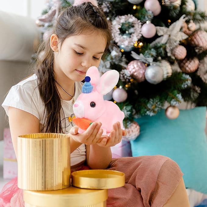Easfan Bunny Plush Jumping Spotted Pink Rabbit with Hat Hopping Ears Nose Moving Educational Plush Toy Singing Shaking Glowing Interactive Toy Electric for Toddlers Kids