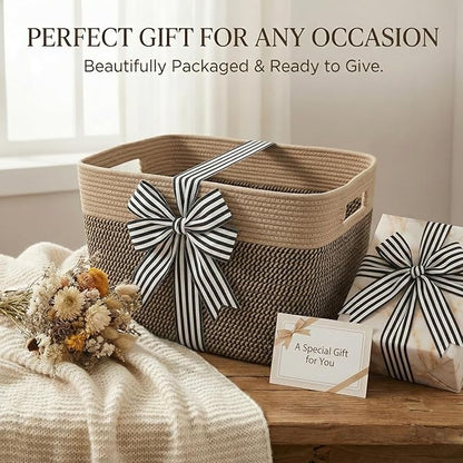 Woven Blanket Basket,96L Large Storage Bin for Blankets Toys Clothes,Decorative Rope Basket for Living Room Bedroom with Handles, Jute&Black