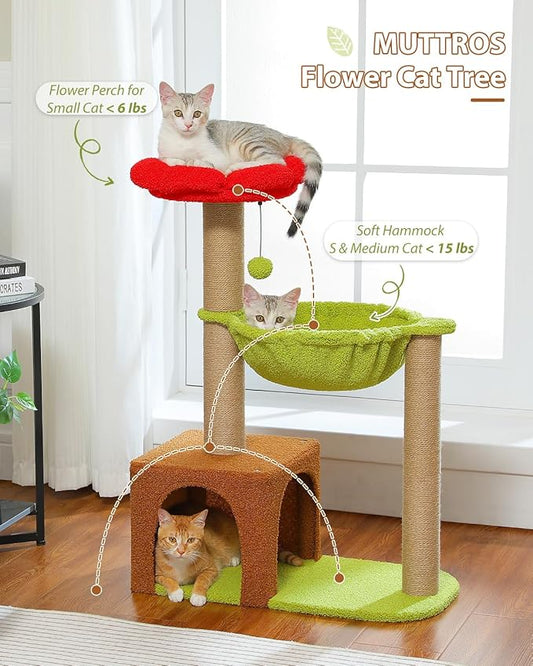 MUTTROS Flower Cat Tree with Sisal Scratching Posts, 35" Cute Cat Tower with Large Green Hammock for Small Indoor Cats, Cat Condo with Removable Flower Bed for Kittens, Brown