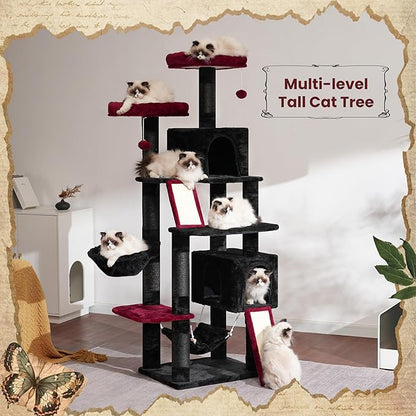 Gitelsnour Cat Tree for Indoor Cats, 71'' (180cm) Multi-Level Cat Tower for Large Adult, Gothic Sturdy Cat Tree House with 2 Scratching Boards 7 Posts, 2 Plush Perches/Condos, Hammock, Black GCT032BR