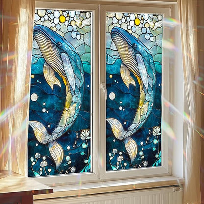 Ocean Whale Mosaic Window Film 18 x 39 Inch Stained Glass Window Cling PVC Privacy Wall Panel Glass Art Underwater Background Indoor Seasonal Backdrop Home Decor