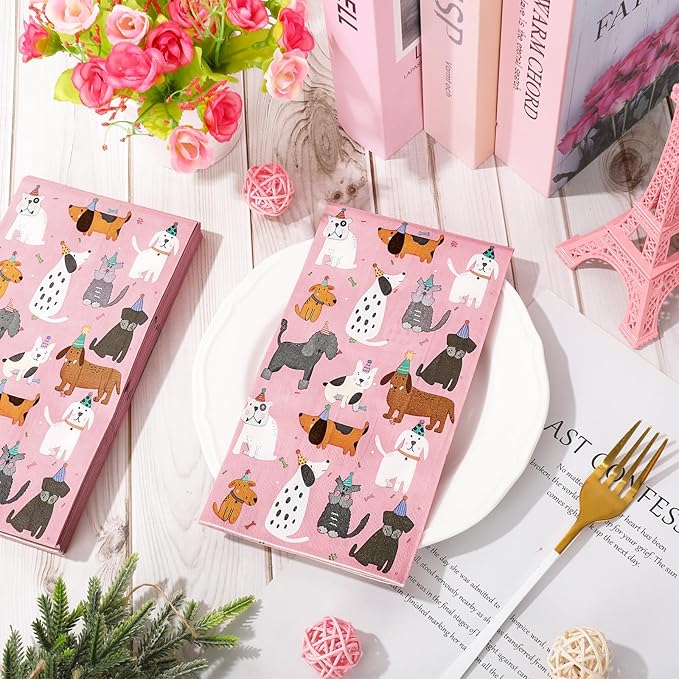 JarThenaAMCS 100Pcs Dog Guest Napkins Pink Disposable Napkins Cute Puppy Dinner Paper Hand Towels for Pet Animal Party Table Bathroom Decor
