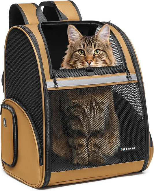 Pet Backpack Carrier, Large Cat Carrier Backpack Up to 20 Lbs with Breathable Mesh, for Medium Large Cats or Small Dogs, Travel Hiking Camping Backpack (Brown-XL)
