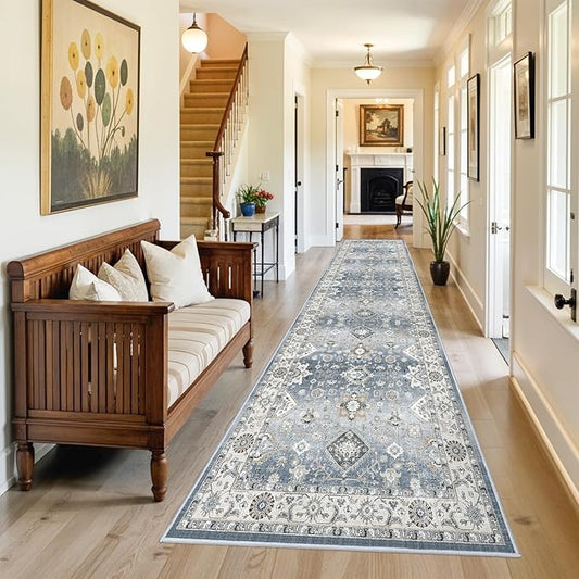 3x12 Washable Hallway Runner Rug: Oriental Long Ultra Soft Runners for Kitchen Entry Thin Non Slip Bathroom Nursery Floor Mat Water Resistant Low Pile 12ft Carpet for Living Room Bedroom (Grey,3x12)
