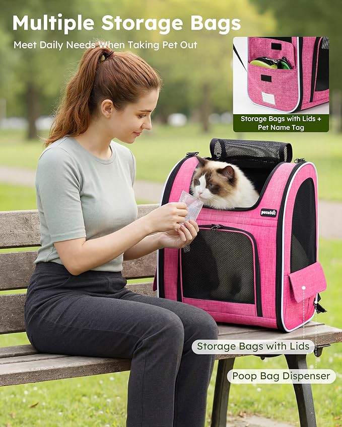 Pecute Cat Backpack Carrier Expandable, Pet Backpack for Cats & Small Dogs Up to 11lbs, with 4-Side Breathable Mesh, Multi-Entry & Lockable Zippers for Travel, Hiking, Camping - Hands Free, Pink