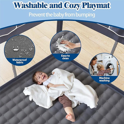 Foldable Baby Playpen with Mat, Extra Large Playpen for Babies and Toddlers with Gate, Portable Baby Yard, Indoor & Outdoor Play Area 71"x59"