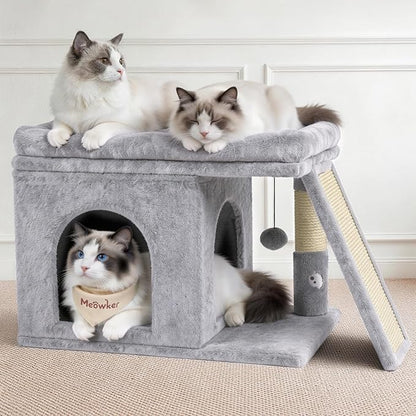 Cat Tree Tower Bed with Scratching Post for Indoor, Heavy Duty Small Stand House Condo for Large Cats & Kittens, Platform Perch Hideout Climb Rest Area, Modern Sturdy Furniture, Light Gray