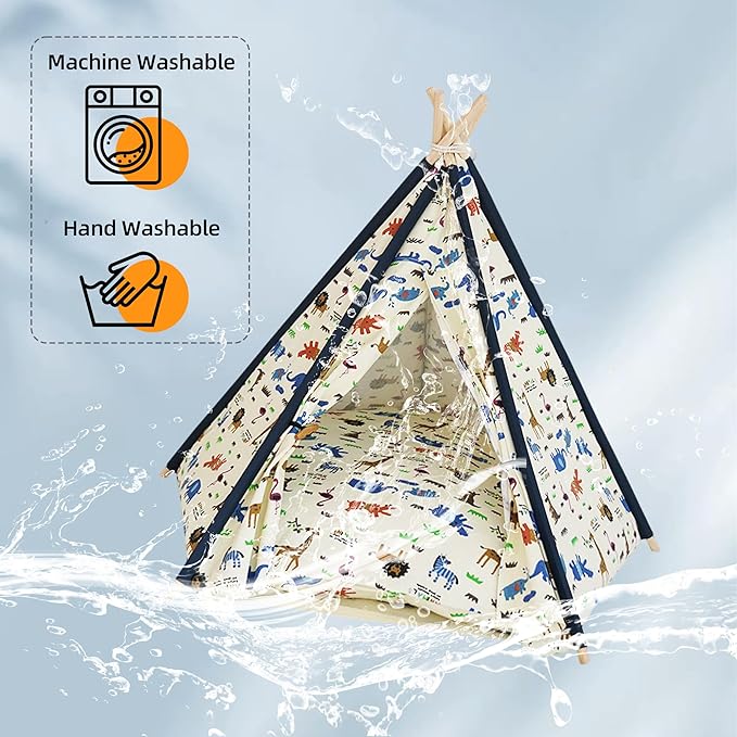 Pet Tent/Tipi for Cats & Dogs - Washable Canvas, Foldable Pet Teepee with Anti-Slip Base & Detachable Cushion | Indoor/Outdoor Safe Shelter for Pets-Zoo-L