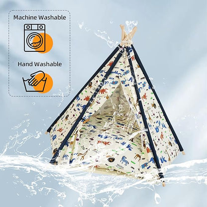 Pet Tent/Tipi for Cats & Dogs - Washable Canvas, Foldable Pet Teepee with Anti-Slip Base & Detachable Cushion | Indoor/Outdoor Safe Shelter for Pets-Zoo-L