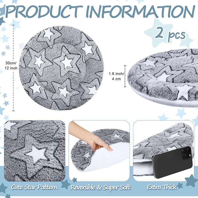 VitalCozy 2 Pack Self Heating Cat Pad Self Heating Cat Bed Machine Washable Heat Pet Mat Reversible Body Thermal Warm Round Dog Bed Crate Blanket for Feral and Indoor Cats(12'',Double Star)