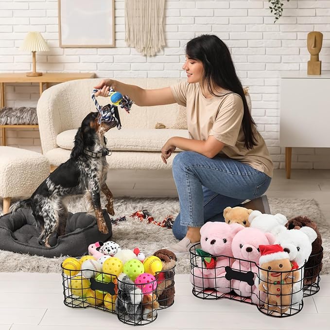 Vesici 2 Pack Metal Dog Toy Baskets Bone Shaped Dog Toy Storage Bins Container for Living Room Pet Chew Toys Chest Organizer Holder 16 x 12 x 6 Inch &15 x 11 x 6 Inch