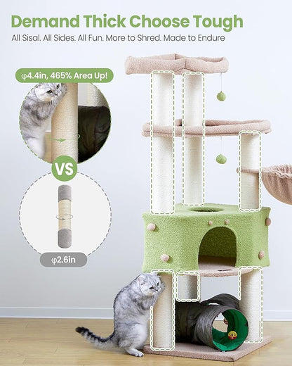 Cat Tree Tower for Large Cats Adult - 60 Inch XXL Sturdy Heavy Duty Extra Wide Scratching Posts (φ4.4in) Condo - Indoor Big Cat House Hammock Perch - XL Wood Multi Level Feline Pet Bed Trees Houses
