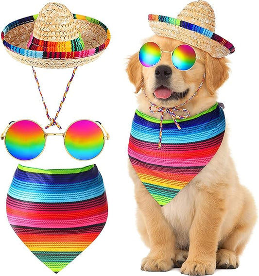Ramede 3 Pcs Sombrero Hat Pet Mexican Serape Poncho Costume Include Cinco De Mayo Mexican Dog Bandana Fiesta Triangle Bib Summer Round Sunglasses for Small Large Dog Birthday Gift Party Decor Puppy