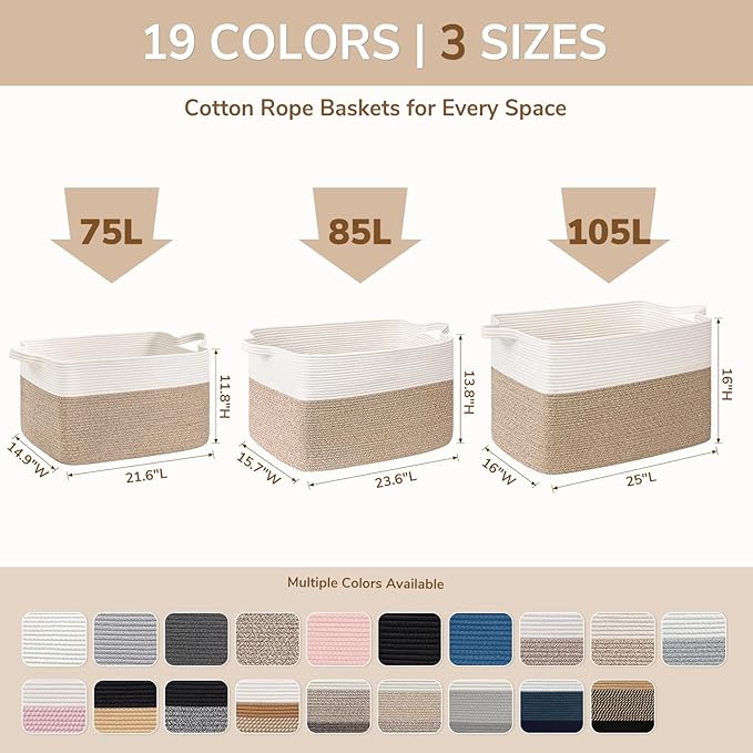 Goodpick 85L Large Woven Blanket Basket 23.6" x 15.7" x 13.8" Cotton Rope Storage Baskets for Organizing, Soft Dirty Clothes Basket for Bedroom Bathroom, Toy Baskets Storage Kids, White