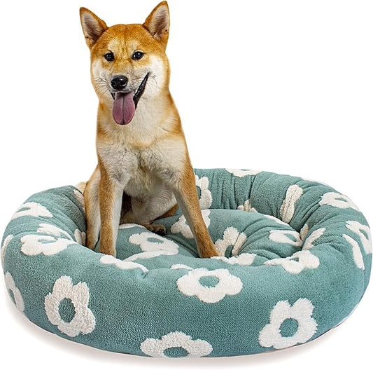 31 Inch Calming Dog Bed for Medium Dogs, Round Anti-Anxiety Warm Bed, Soft Cozy Anti-Slip Donut Washable Pet Bed, Fits up to 50 lbs Pets