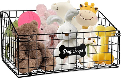 Large Dog Toy Basket, Metal Dog Toy Bin, Mesh Wire Basket with Wooden Handles, Toy Box for Living Room Area, Dog Toys Box, Pet Toys for Dog Cat, Sturdy Dog Basket for Dog Leash,Blanket,Toys,Snacks