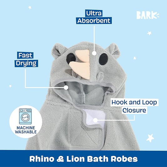 Barkbox Dog Bathrobe Bundle, Fast Drying with Hook and Loop Closure & Wrap Tie Snuggle, Cute Dogs Clothes, Easy to Clean, Machine Washable, Dog Coats and Tumble Dry Low - Lion/Rhino, Large