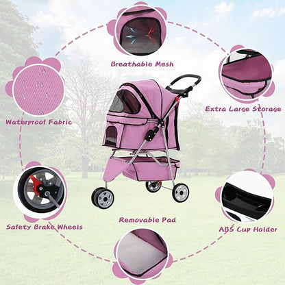 Pet Stroller for Small Medium Dogs & Cats,3-Wheel Breathable Compact Foldable Dog Carrier with Storage Basket, Outdoor Portable Lightweight Travel Stroller for Camping,Pink