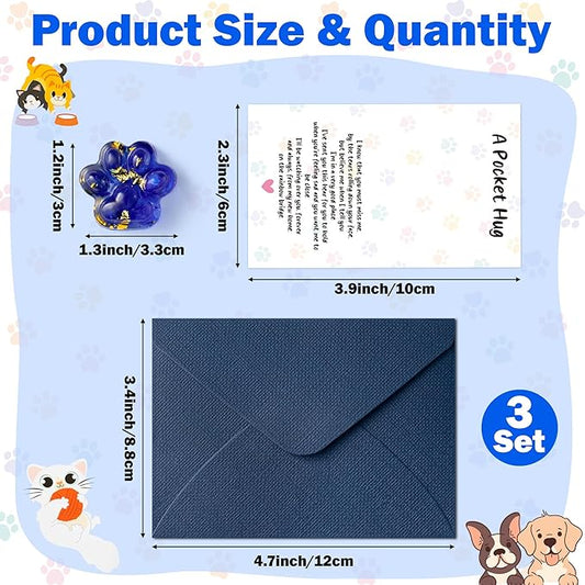 Loss of Pet Sympathy Gift - 3 Pack Glitter Blue Mini Paw Pocket Hug Toy with Memorial Card Envelope Remembrance Bereavement Gift Loss of Dog Cat Sympathy Favor Pet Lovers Stress Relief Toy