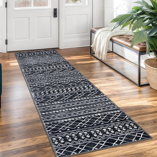 KUTA Moroccan Washable Kitchen Rug, 2x7 Non-Slip Vintage Black Boho Hallway Runner Rugs Ultra Soft Distressed Geometric Floor Carpet Runners for Bedroom Laundry Living Room