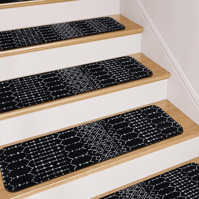 OJIA Stair Treads Non-Slip Stair Runners for Wooden Steps Indoor 15PCS 30"x8" Carpet Stair Treads Stair Mats Staircase Step Treads for Kids, Elders and Dogs, Stair Covers, Black