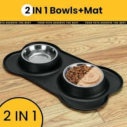 Stainless Steel Dog Bowls with Non-Slip Silicone Mat, Spill Proof Food & Water Bowls Set, Easy Clean Puppy Food Dish, Dishwasher Safe, Suitable for Dogs Cats Pet Under 20lbs, Small, Black