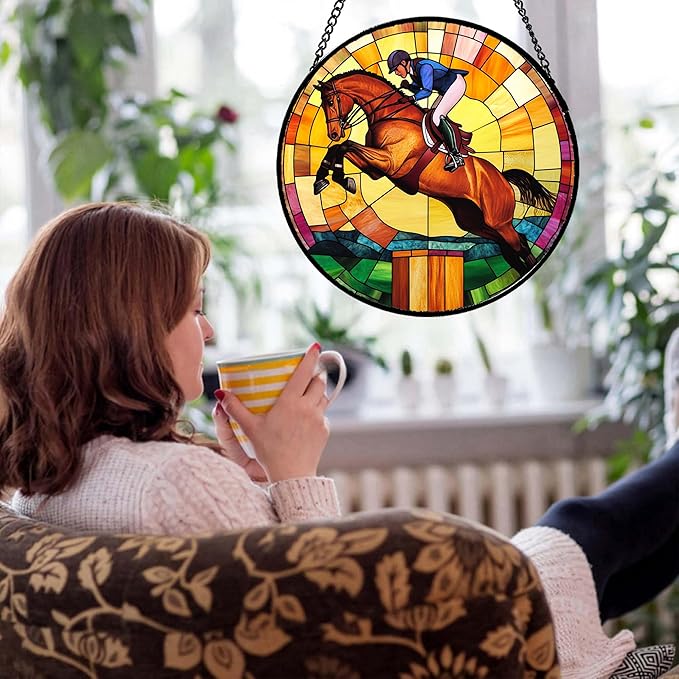 Stained Glass Window Hanging Equestrian Sports 6.3" - Horse Suncatcher Door Garden Sunroom Sun Catcher Home Decor Birthday Christmas for Mom Men Woman Nana