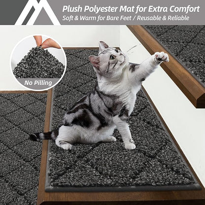 COSY HOMEER Edging Stair Treads Non-Slip Carpet Mat 28inX9in Indoor Stair Runners for Wooden Steps, Edging Stair Rugs for Kids and Dogs, 100% Polyester TPE Backing (4pc, Black)