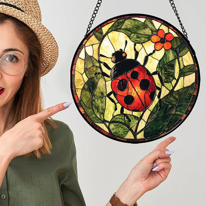 Stained Glass Window Hanging - Red Ladybug Green Plant Flower Sun Catcher for Door Home Decor Insect Suncatcher Christmas Mother's Day Birthday Gifts for Women Men Mom Nana 15 in