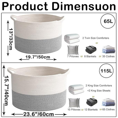 65L Large Blanket Basket,19.7" L x 19.7" W x 13" H Rope Woven Baskets with Handles, Toys Storage Bins,Laundry Basket Perfect for Living Room, Nursery,Bedroom,Home Organization,White&Grey