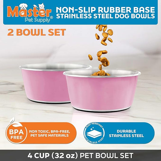 Master Pet Supply Stainless Steel Dog Bowls Set of 2 (32 Oz Each) with Non-Slip Rubber Base - Hyper Pink - Basic Dog Food Bowl Water & Food Bowls for Small Medium Large Dogs & Cats, Metal Dish
