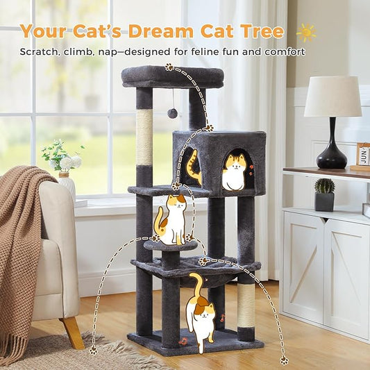 MUTTROS Cat Tree for Indoor Cats, 44.5" Multi-Level Cat Tower with Large Metal Frame Hammock, Cat Condo with 2 Scratching Posts and Top Perch for Small to Medium Cats, Dark Gray