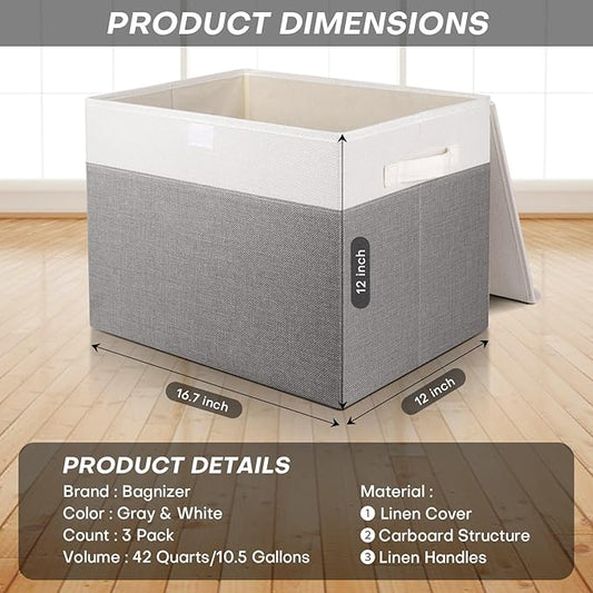 Large 17" 42 Quarts Collapsible Stackable Storage Bins with Lids [3-Pack] Foldable Fabric Linen Storage Boxes Cube, Closet Organizer Baskets with Label (16.7 x 12 x 12, Gray & White)