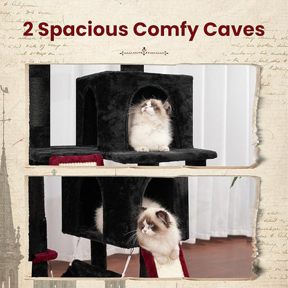 Gitelsnour Cat Tree for Indoor Cats, 71'' (180cm) Multi-Level Cat Tower for Large Adult, Gothic Sturdy Cat Tree House with 2 Scratching Boards 7 Posts, 2 Plush Perches/Condos, Hammock, Black GCT032BR