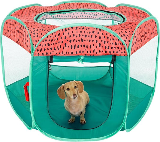 Furhaven Portable Dog Playpen Cat Tent, Pet Playground,Kennel Foldable Indoor Outdoor Zippered Puppy Crate - Green & Pink, Medium