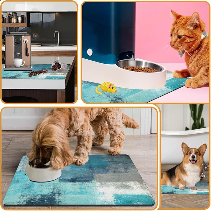 Dog Food Mats for Floors Absorbent, Cat Food Mat - Pet Cat Feeding Mat Quick Dry, Dog Bowl Mats for Water, Pet Supplies Feeding Placemat 16" x 24" Tie-Dye Blue