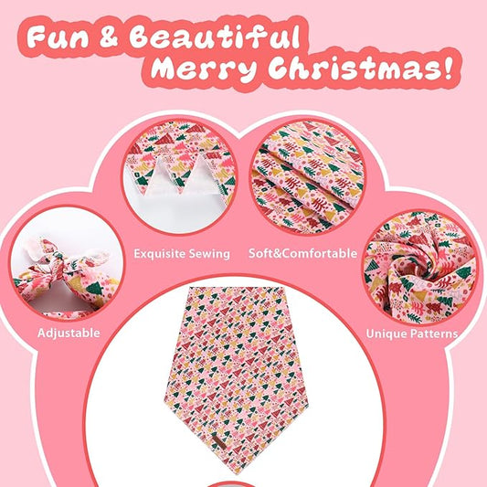 Christmas Dog Bandana–Pink Christmas Tree Triangle Scarf for Small Medium Large Dogs, Soft Cotton Pet Bib for Winter & New Year, Adjustable Dog Kerchief