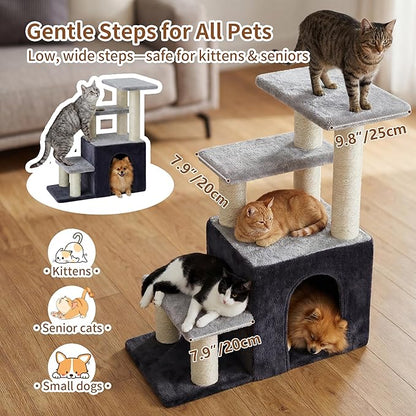 Heybly Pet Stairs for Cats, 29.5 inch High Dog Steps for Small Doggie Rabbits, 9.8''Depth Cat Stairs, Indoor Cat Ladders for High Bed for Pet's Joints, 1 Condo Cave, 6 Sisal Scratcher HSP002SGW