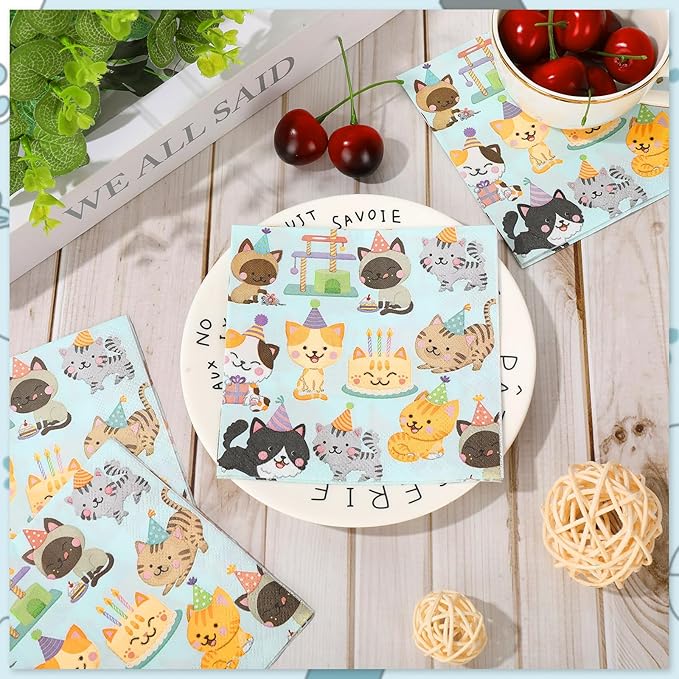 JarThenaAMCS 100 Sheets Cat Party Napkins 5 x 5 Inch Disposable Kitty Cocktail Paper Napkins Colorful Kitten Beverage Napkin for Birthday Dining Drink Table Decor Supplies