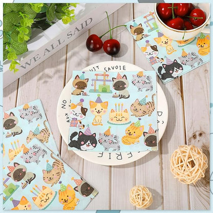 JarThenaAMCS 100 Sheets Cat Party Napkins 5 x 5 Inch Disposable Kitty Cocktail Paper Napkins Colorful Kitten Beverage Napkin for Birthday Dining Drink Table Decor Supplies
