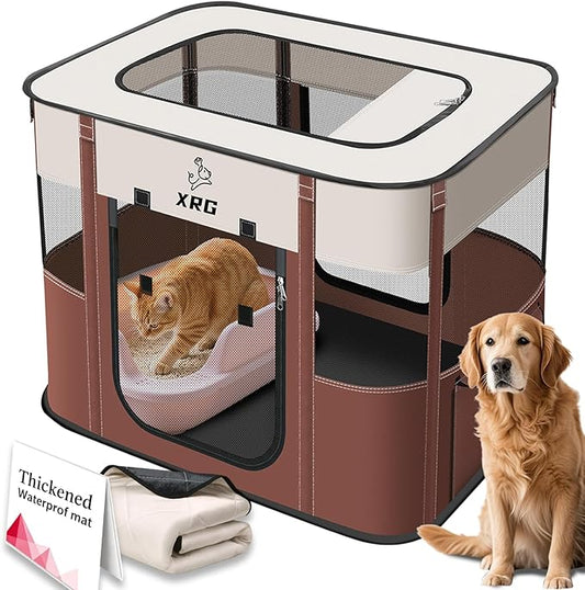 Portable Foldable Pet Playpen Collapsible Crates Kennel Playpen for Dog cat and Rabbit &Travel playpen Outdoor or Indoor (Large（35.4" L x 27.6" W x 23.6" H）, Brown)