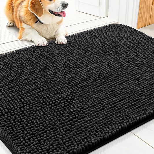 Smiry Dog Door Mat for Muddy Paws 34x21, Absorbs Moisture and Dirt Doormat, Non-Slip Washable Quick Dry Chenille Front Door Mat Indoor Entrance, Entryway Carpet for Inside Floor, Black