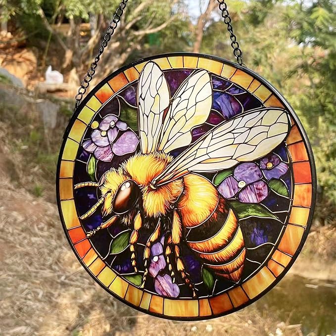 Handcrafted Bee Stained Glass Suncatcher - 7.8 Inch Window Hanging for Home, Kitchen, Porch, Terrace, Garden & Farmhouse - Perfect Mother's Day, Easter & Birthday Gift for Mom & Teachers