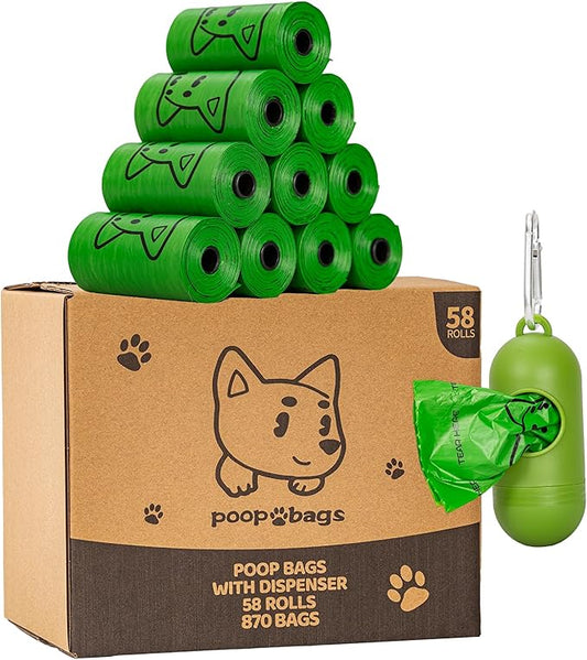 Scented Dog Poop Bags With Dispenser, Strong and Leak-proof Waste Bags for Pets, 870 Count (58 Packs of 15), 13 Inch x 9 Inch (Green)